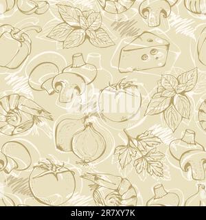 Sfondo con ingredienti per pizza disegnati a mano su un beige in stile vintage Illustrazione Vettoriale
