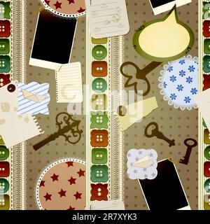 design di scrapbook vettoriale senza cuciture. contiene chiavi vintage, pulsanti, photoframe, spille, lacci, tovaglioli, strappati pezzi di carta, spruzzi di caffè, orig... Illustrazione Vettoriale