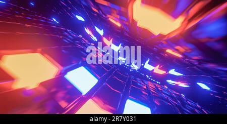 Sfondo luminoso al neon. Velocizzano la luce, le particelle di neon con raggi sfocati in movimento. illustrazione 3d Foto Stock