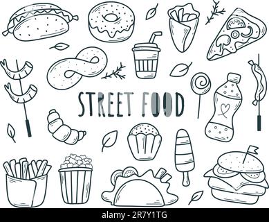 Set di Street food disegnato a mano Illustrazione Vettoriale