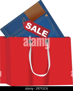 Jeans blu con Rosso vendita Tag nella borsa per la spesa Illustrazione Vettoriale