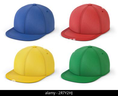 Riagganciare la simulazione di colore diverso isolato su sfondo bianco. Blu, verde, giallo e rosso mascherine vuote per cappello 3D illustrazione Foto Stock