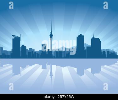 Lo skyline di Auckland con la riflessione in acqua Illustrazione Vettoriale