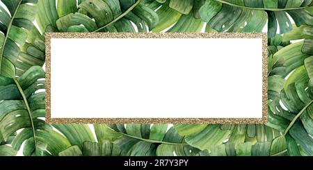 Watercolor tropicale foglie modello orizzontale banner con cornice in oro. Jungle monstera e palme design Foto Stock