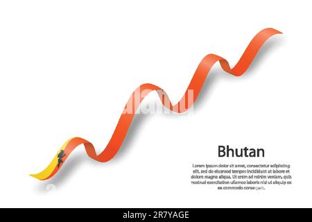 Nastro ondulato o banner con bandiera del Bhutan. Modello per il giorno dell'indipendenza Illustrazione Vettoriale