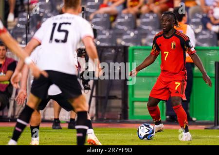 BRUXELLES, BELGIO - GIUGNO 17: Jeremy Doku del Belgio in azione durante la gara di qualificazione del Gruppo D - UEFA EURO 2024 tra Belgio e Austria allo Stadio King Baudouin il 17 Giugno 2023 a Bruxelles, Belgio (Foto di Joris Verwijst/Orange Pictures) Foto Stock