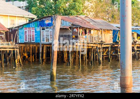 Case a palafitte lungo il fiume Chao Phraya nella megacity Bangkok. In molte parti, le case semplici sono state demolite e sono sostituite da Foto Stock