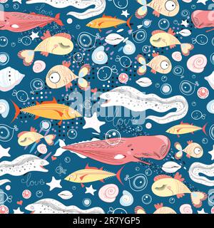 motivo senza cuciture di pesci diversi su sfondo blu scuro Illustrazione Vettoriale