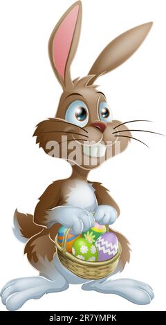 Coniglietto di Pasqua il Coniglio di Pasqua di contenimento cesto pieno di decorate le uova di Pasqua Illustrazione Vettoriale