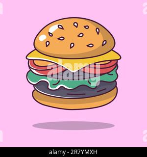 doppio hamburger con formaggio e pomodoro cartoni animati illustrazione stile vettore Illustrazione Vettoriale