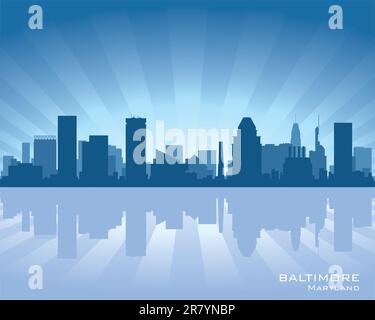 Baltimore, Maryland skyline illustrazione con la riflessione in acqua Illustrazione Vettoriale