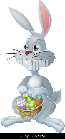 Il coniglietto di Pasqua con un cesto pieno di dipinti uova di Pasqua Illustrazione Vettoriale