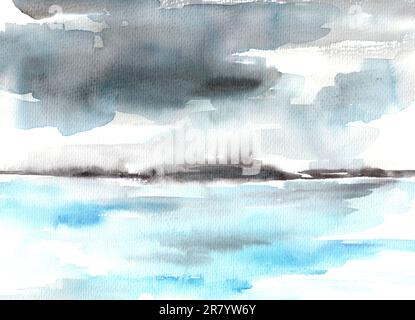 Paesaggio astratto di acquerello nei toni neutri del grigio e del blu, dipinto originale disegnato a mano su carta Foto Stock