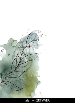 Acquerello sfondo astratto. Acquerello macchie verdi e schizzi, linearit. Modello di invito, cartolina. Salvare la data Foto Stock