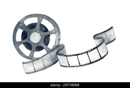 Cinema, film e fotografia 35mm pellicola modello. Illustrazione disegnata a mano con acquerello. Foto Stock