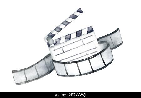 Film con cartellone e film su sfondo bianco. Illustrazione disegnata a mano in acquerello per biglietti, poster e festival cinematografici Foto Stock