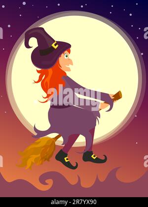 illustrazione vettoriale di una strega di halloween in sella alla scopa Illustrazione Vettoriale