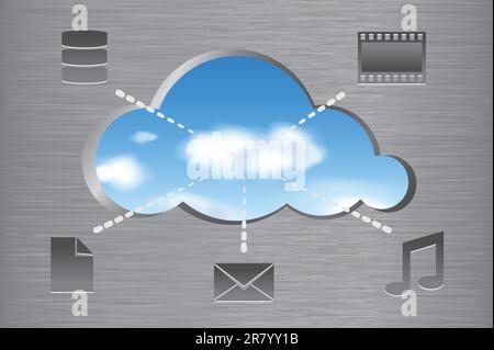 Concetto di cloud computing illustrato con icone dati. Illustrazione vettoriale Illustrazione Vettoriale