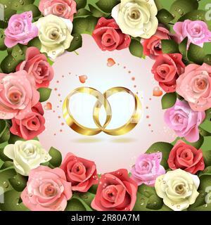 Due fedi nuziali con cuori e rose Illustrazione Vettoriale