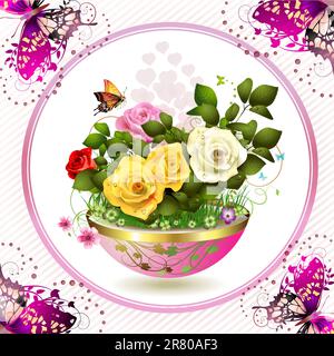 Fiori in vaso con rose e farfalle Illustrazione Vettoriale