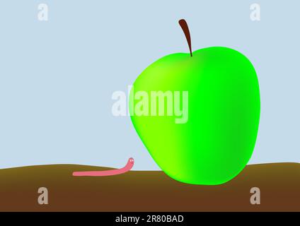 Piccolo verme e grande mela verde - mordere più di quanto si possa masticare - assumere troppo - mordere più di quanto si possa masticare. Questo file è vettoriale, può essere... Illustrazione Vettoriale