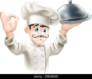 Illustrazione di un gourmet chef azienda silver platter e dando un segno ok Illustrazione Vettoriale