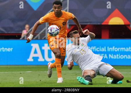 FC Twente Stadion, Enschede, Paesi Bassi, 18 giugno 2023, Cody Gakpo (Paesi Bassi) e Rafael Toloi (Italia) durante la partita del terzo posto - Paesi Bassi vs Italia - calcio UEFA Nations League Foto Stock