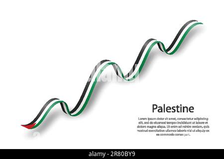 Nastro ondulato o banner con bandiera di Palestina. Modello per il giorno dell'indipendenza Illustrazione Vettoriale