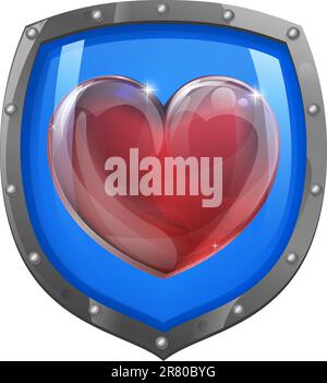 Illustrazione concettuale di un cuore simbolo su una icona dello scudo. Potrebbe essere un icona per simpatia o amare qualcosa. Illustrazione Vettoriale