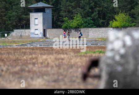 Oranienburg, Germania. 18th giugno, 2023. I visitatori camminano attraverso i terreni dell'ex campo di concentramento di Sachsenhausen. Nel giugno del 1938, gli agenti di polizia criminali hanno deportato più di 10.000 persone nei campi di concentramento, dove sono state segnate con un angolo nero. La campagna di arresto a livello nazionale è stata diretta contro persone che i socialisti nazionali hanno definito "asociali”. Tra di loro c'erano senzatetto, alcolisti e persone con un record criminale per, tra l'altro, l'elemosina. Credit: Monika Skolimowska/dpa/Alamy Live News Foto Stock