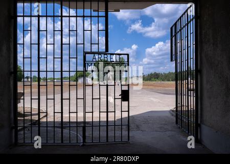 Oranienburg, Germania. 18th giugno, 2023. Le parole 'Arbeit macht frei' ('il lavoro ti rende libero') sono scritte sulla porta d'ingresso dell'ex campo di concentramento di Sachsenhausen. Nel giugno del 1938, gli agenti di polizia criminali hanno deportato più di 10.000 persone nei campi di concentramento, dove sono state segnate con un angolo nero. La campagna di arresto a livello nazionale è stata diretta contro persone che sono state etichettate 'asocial? Dai socialisti nazionali. Tra di loro c'erano senzatetto, alcolisti e persone con un record criminale per, tra l'altro, l'elemosina. Credit: Monika Skolimowska/dpa/Alamy Live News Foto Stock