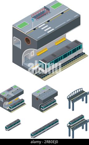 Insieme di elementi metropolitani isometrici dettagliati Illustrazione Vettoriale