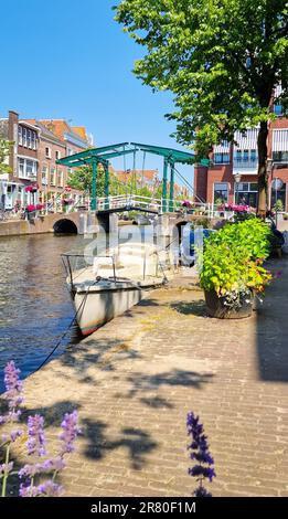 Vista panoramica del tradizionale ponte levatoio su un canale nella storica città di Leida, Olanda Foto Stock