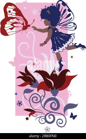 Silhouette da bambina fata isolata su sfondo bianco con fiori Illustrazione Vettoriale