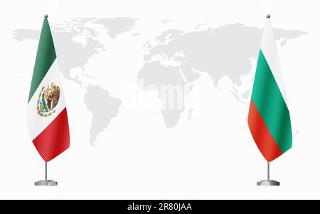 Bandiere di Messico e Bulgaria per l'incontro ufficiale sullo sfondo della mappa mondiale. Illustrazione Vettoriale