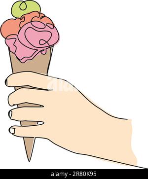 disegno a linea singola continuo colorato del cono per gelato con supporto a mano, illustrazione vettoriale della line art Illustrazione Vettoriale