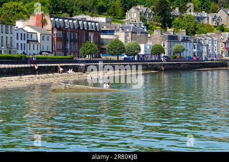 Persone che nuotano nella baia in una calda giornata di giugno, Rothesay, Isola di Bute, Scozia, Regno Unito. Foto Stock