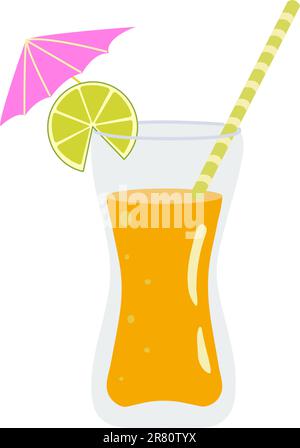 Immagine grafica vettoriale del succo d'arancia in un bicchiere con cannuccia. Illustrazione Vettoriale