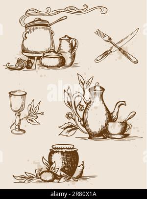 Set di vector disegnati a mano stoviglie vintage Illustrazione Vettoriale