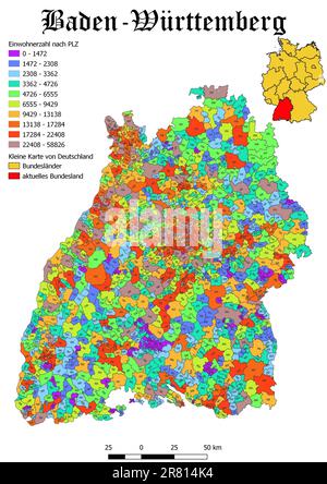 Stato federale Baden - Württemberg popolazione con mappa del codice postale con mappa della Germania Foto Stock