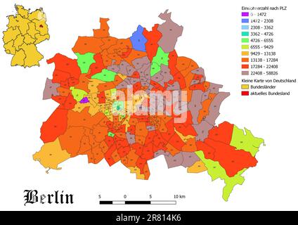 Stato federale di Berlino popolazione per codice postale mappa con la Germania mappa Foto Stock