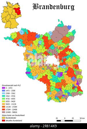 Stato federale Brandenburgo popolazione per codice postale mappa con la Germania mappa Foto Stock