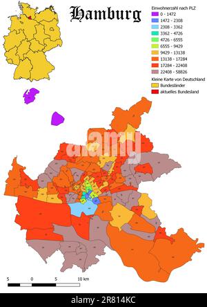 Stato federale Amburgo popolazione per codice postale mappa con la Germania mappa Foto Stock