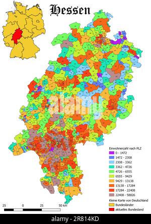Stato federale Hessen popolazione per codice postale mappa con la Germania mappa Foto Stock