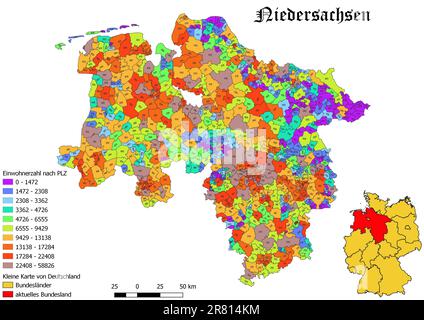 Stato federale Niedersachsen popolazione per codice postale mappa con la Germania mappa Foto Stock