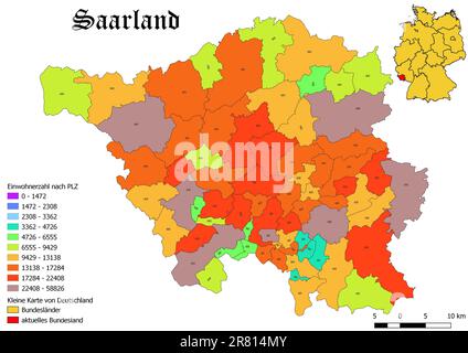 Stato federale Saarland popolazione per codice postale mappa con la Germania mappa Foto Stock