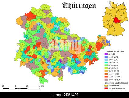 Stato federale Thüringen popolazione per codice postale mappa con la Germania mappa Foto Stock