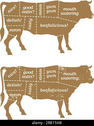 Vector Illustration, basato su una tabella tradizionale dei macellai, che mostra diversi tagli di carne bovina con etichette umoristiche come “Tasty” e “Beefalicious”. In... Illustrazione Vettoriale