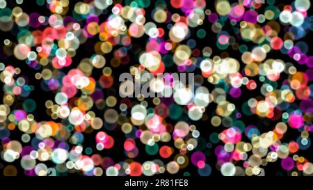 Bokeh festivo rotondo di luci su uno sfondo nero. Coriandoli rosa, turchese, giallo, luci sfocate. Bokeh multicolore su sfondo nero. Blu Foto Stock