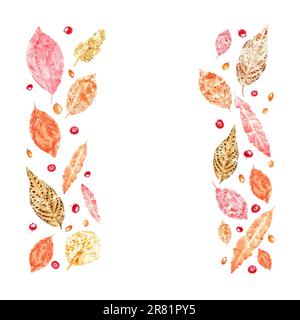 Cornice di coloratissime stampe di foglie autunnali, di spina di mare e di cowberries isolati su bianco. Set di foglie secche e bacche. Illustrazione acquerello Foto Stock